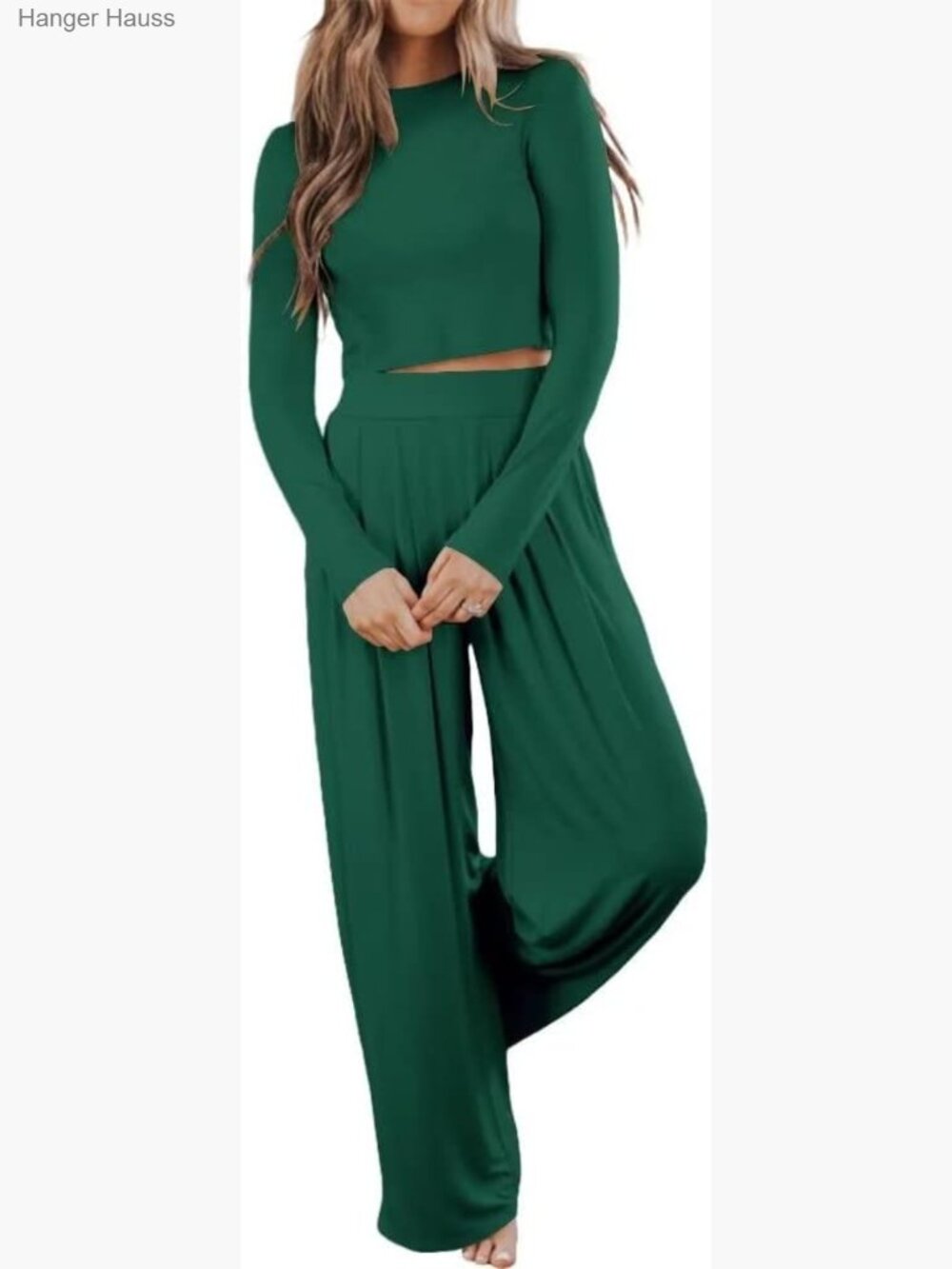 Women Long Sleeve Crop Top Wide Leg Pants Lounge Set Pajama Sleepwear
